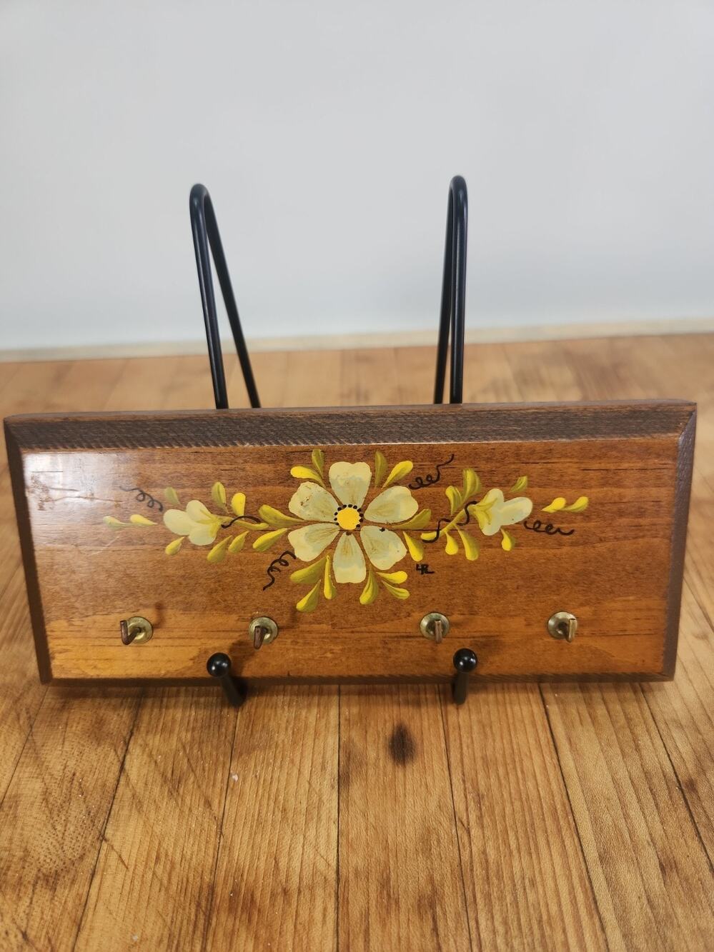 Vintage Hand Painted Wood Tie Rack Floral Folk Art Wall Mount Brass Hooks 8"